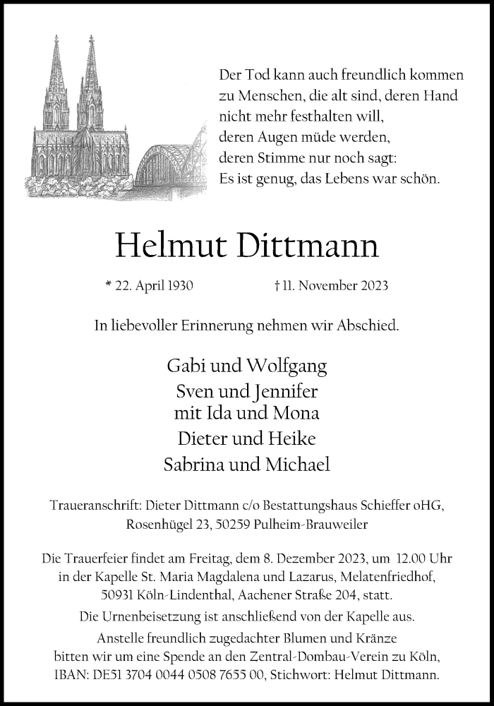 Traueranzeige für Helmut Dittmann vom 02.12.2023 aus Kölner Stadt-Anzeiger / Kölnische Rundschau / Express
