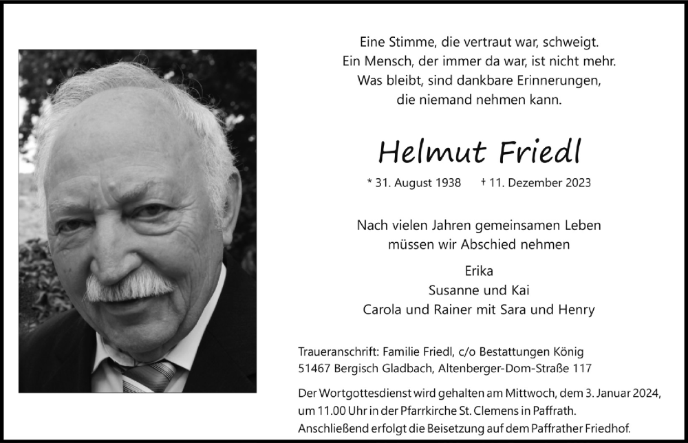  Traueranzeige für Helmut Friedl vom 22.12.2023 aus  Bergisches Handelsblatt 