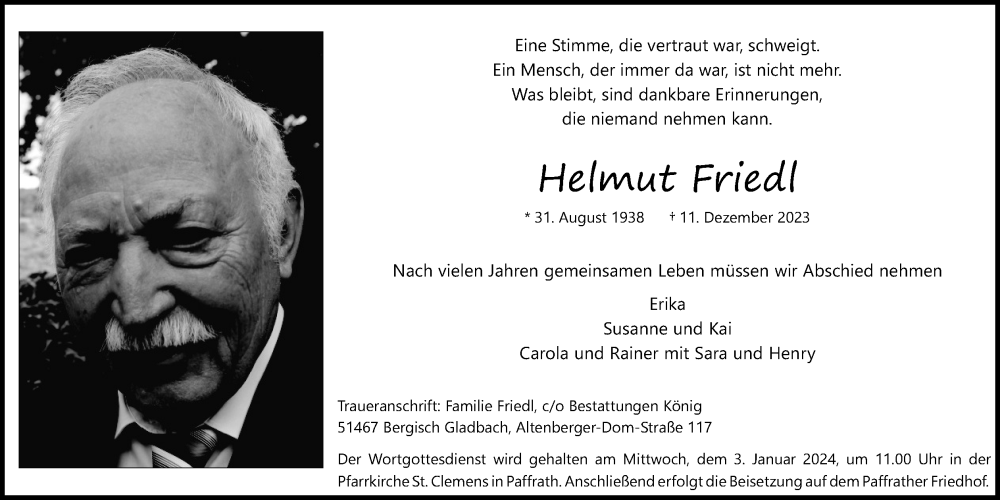  Traueranzeige für Helmut Friedl vom 23.12.2023 aus Kölner Stadt-Anzeiger / Kölnische Rundschau / Express