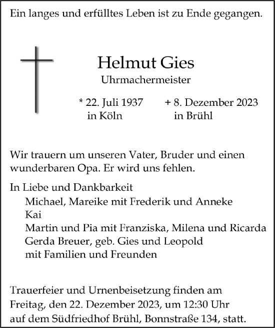 Anzeige von Helmut Gies von  Schlossbote/Werbekurier 