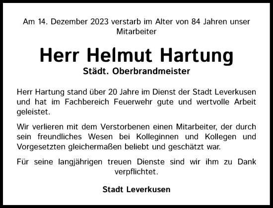 Anzeige von Helmut Hartung von Kölner Stadt-Anzeiger / Kölnische Rundschau / Express