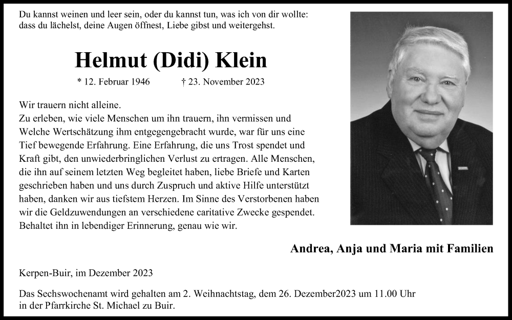  Traueranzeige für Helmut Klein vom 23.12.2023 aus Kölner Stadt-Anzeiger / Kölnische Rundschau / Express