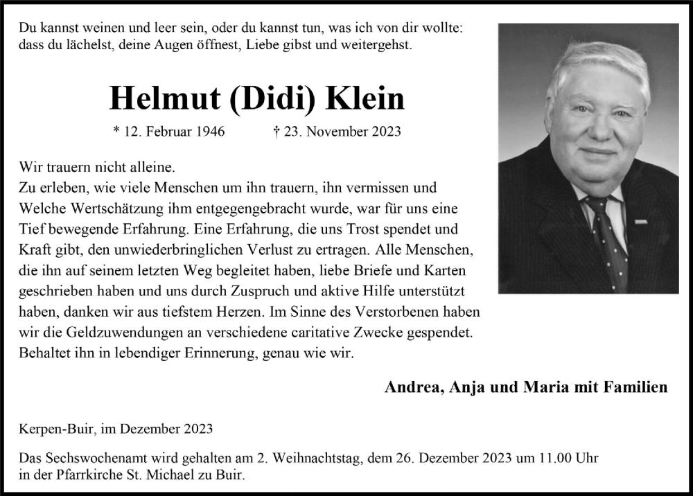  Traueranzeige für Helmut Klein vom 22.12.2023 aus  Werbepost 