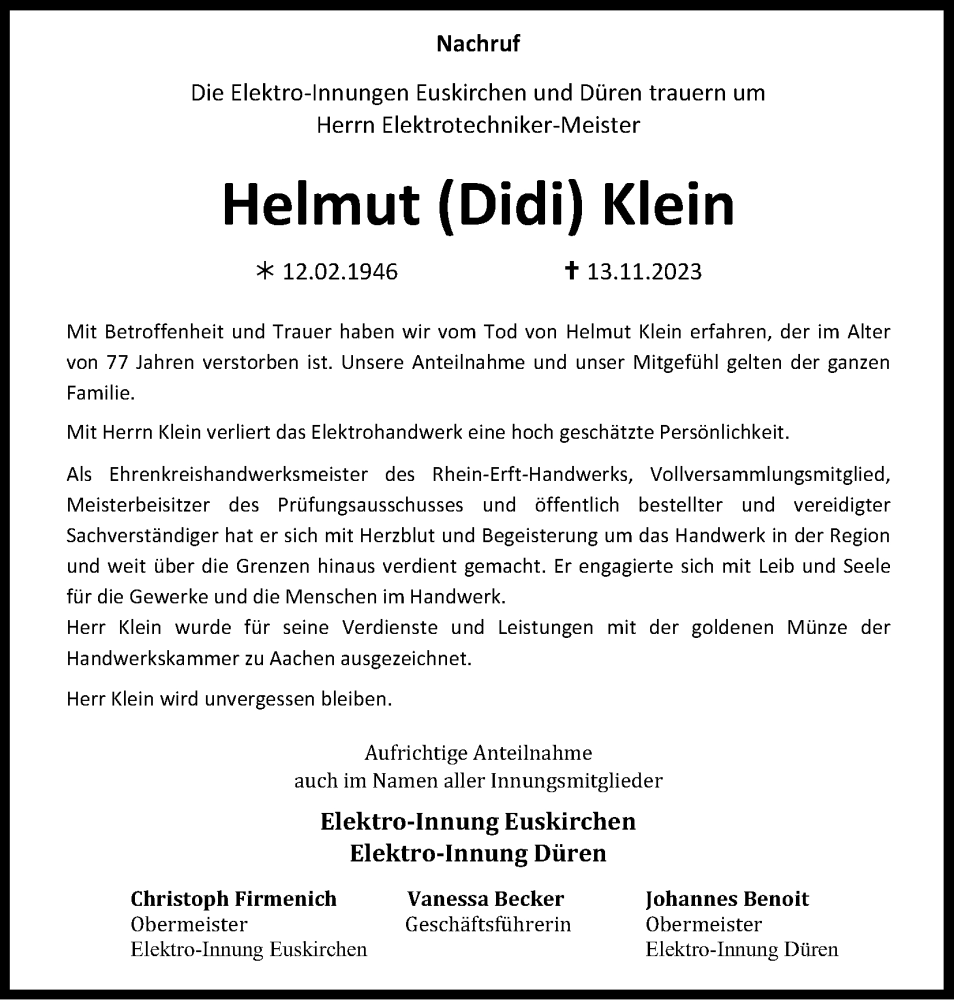  Traueranzeige für Helmut Klein vom 09.12.2023 aus Kölner Stadt-Anzeiger / Kölnische Rundschau / Express