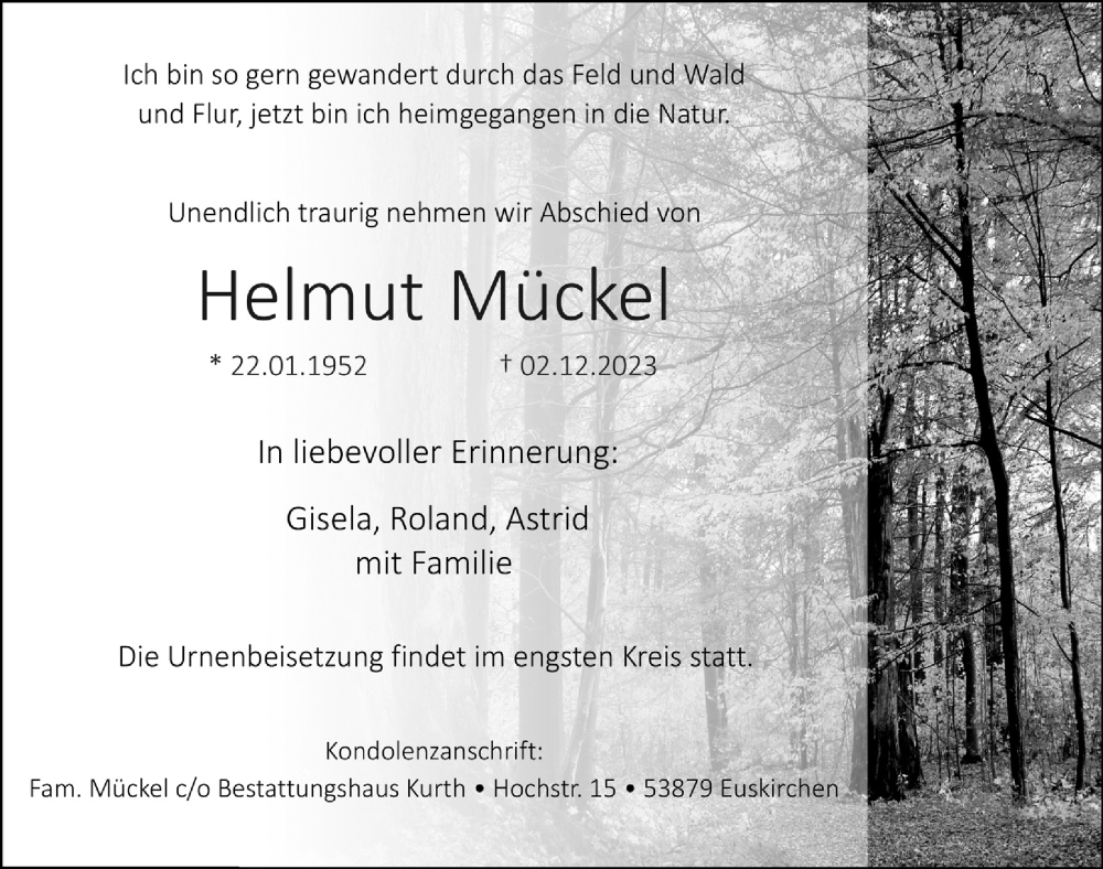  Traueranzeige für Helmut Mückel vom 30.12.2023 aus  Blickpunkt Euskirchen 
