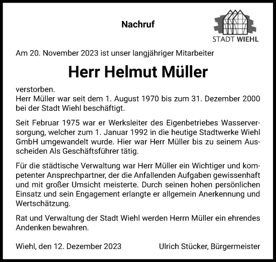 Anzeige von Helmut Müller von Kölner Stadt-Anzeiger / Kölnische Rundschau / Express