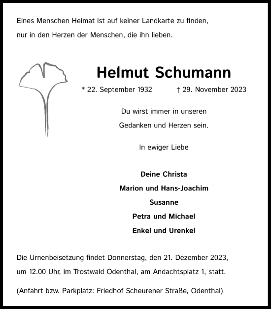 Anzeige von Helmut Schumann von Kölner Stadt-Anzeiger / Kölnische Rundschau / Express
