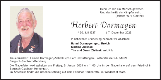 Anzeige von Herbert Dormagen von Kölner Stadt-Anzeiger / Kölnische Rundschau / Express