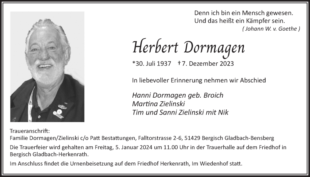  Traueranzeige für Herbert Dormagen vom 15.12.2023 aus  Bergisches Handelsblatt 