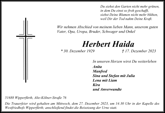 Anzeige von Herbert Haida von Kölner Stadt-Anzeiger / Kölnische Rundschau / Express