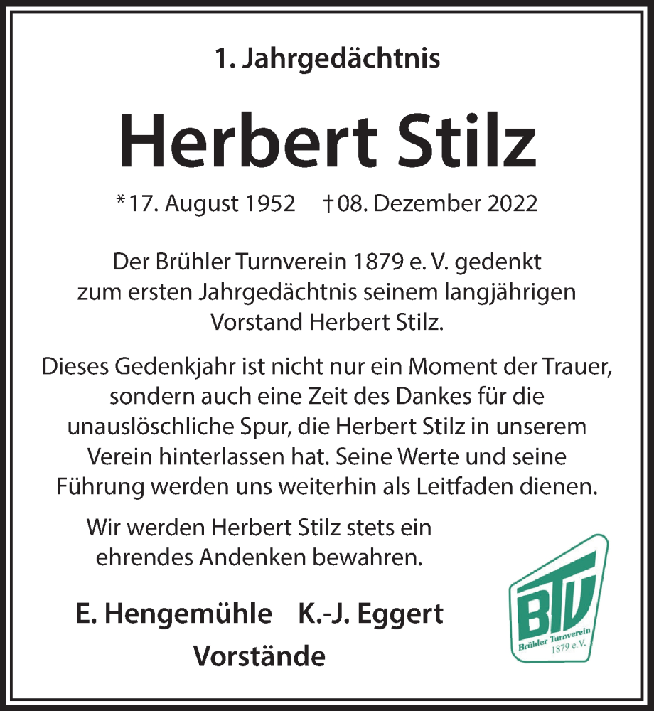  Traueranzeige für Herbert Stilz vom 18.07.2023 aus  Schlossbote/Werbekurier 