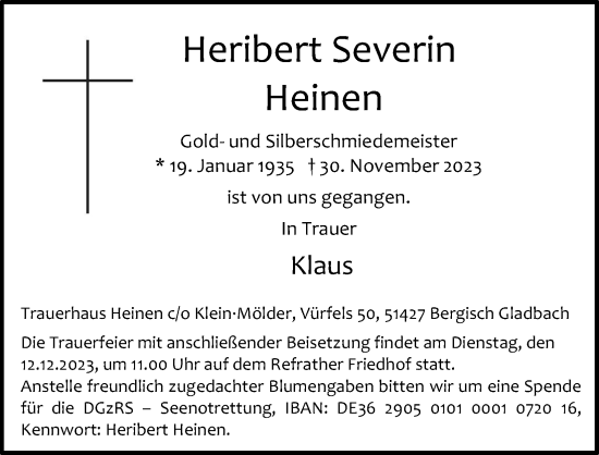 Anzeige von Heribert Severin Heinen von Kölner Stadt-Anzeiger / Kölnische Rundschau / Express