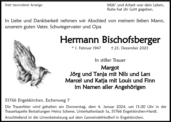Anzeige von Hermann Bischofsberger von  Anzeigen Echo 