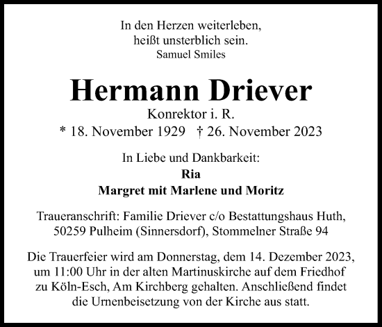 Anzeige von Hermann Driever von Kölner Stadt-Anzeiger / Kölnische Rundschau / Express