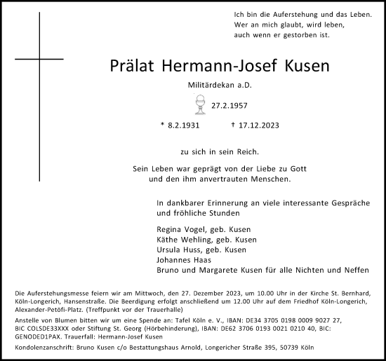 Anzeige von Hermann-Josef Kusen von Kölner Stadt-Anzeiger / Kölnische Rundschau / Express