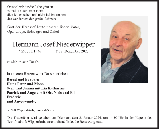 Anzeige von Hermann Josef Niederwipper von Kölner Stadt-Anzeiger / Kölnische Rundschau / Express