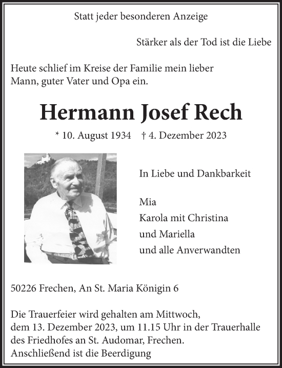 Anzeige von Hermann Josef Rech von  Wochenende 