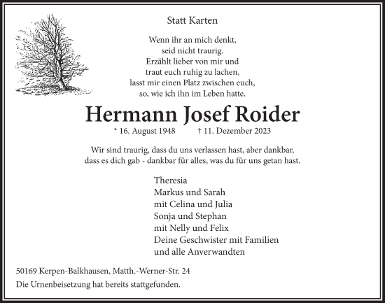 Anzeige von Hermann Josef Roider von  Werbepost 