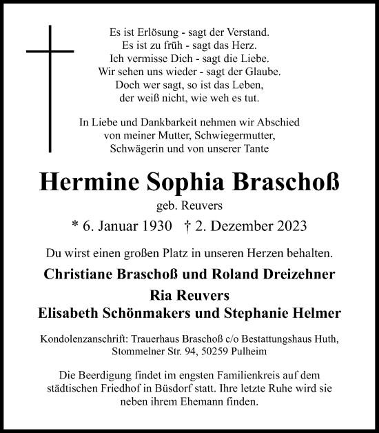 Anzeige von Hermine Sophia Braschoß von Kölner Stadt-Anzeiger / Kölnische Rundschau / Express