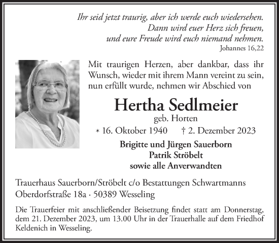 Anzeige von Hertha Sedlmeier von  Schlossbote/Werbekurier 