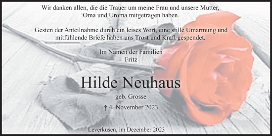 Anzeige von Hilde Neuhaus von Kölner Stadt-Anzeiger / Kölnische Rundschau / Express