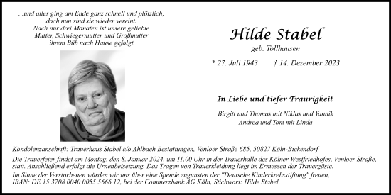 Anzeige von Hilde Stabel von Kölner Stadt-Anzeiger / Kölnische Rundschau / Express