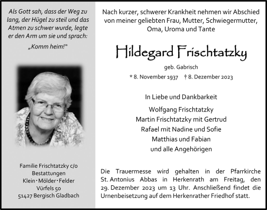 Anzeige von Hildegard Frischtatzky von  Bergisches Handelsblatt 
