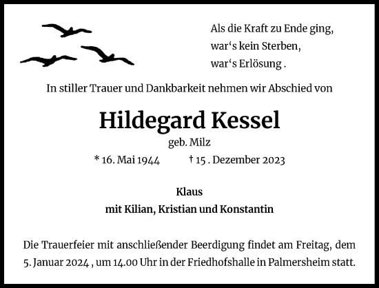 Anzeige von Hildegard Kessel von Kölner Stadt-Anzeiger / Kölnische Rundschau / Express