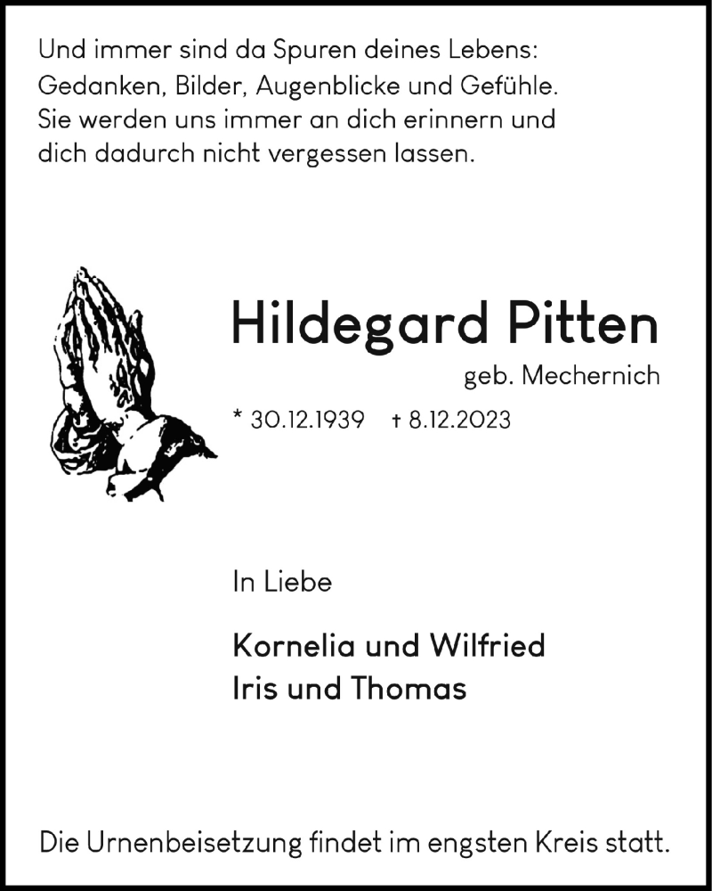  Traueranzeige für Hildegard Pitten vom 16.12.2023 aus  Blickpunkt Euskirchen 