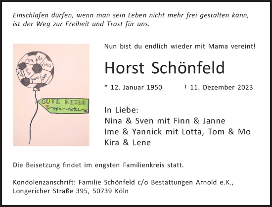 Anzeige von Horst Schönfeld von Kölner Stadt-Anzeiger / Kölnische Rundschau / Express