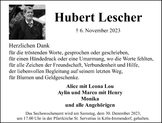 Anzeige von Hubert Lescher von Kölner Stadt-Anzeiger / Kölnische Rundschau / Express