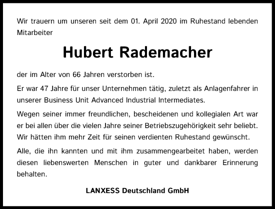 Anzeige von Hubert Rademacher von Kölner Stadt-Anzeiger / Kölnische Rundschau / Express