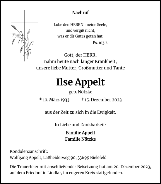 Anzeige von Ilse Appelt von Kölner Stadt-Anzeiger / Kölnische Rundschau / Express
