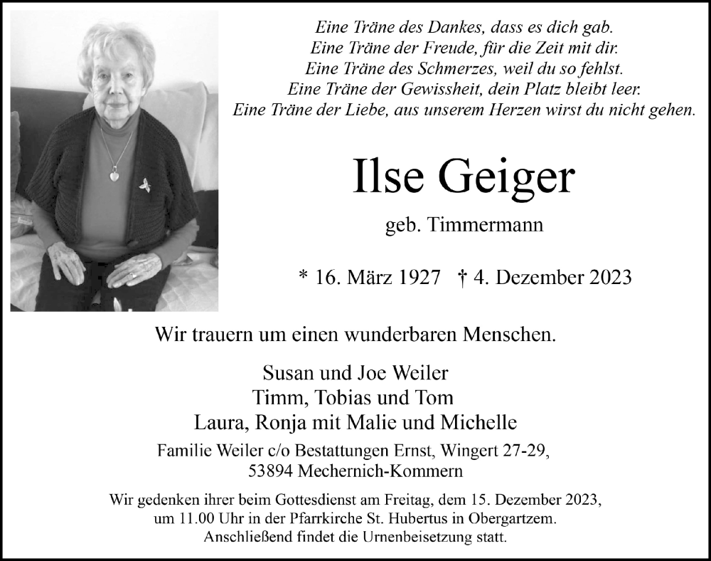  Traueranzeige für Ilse Geiger vom 09.12.2023 aus  Blickpunkt Euskirchen 
