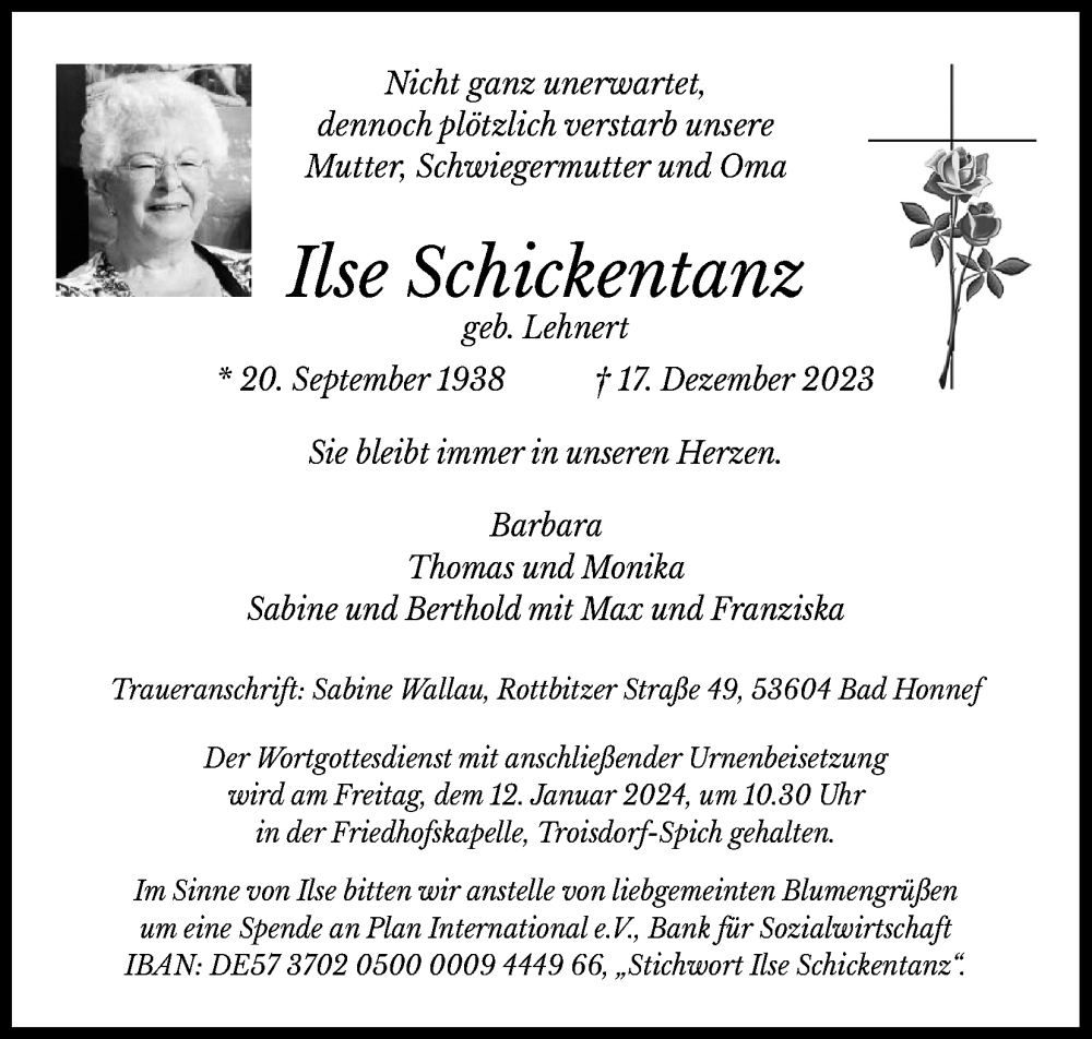  Traueranzeige für Ilse Schickentanz vom 30.12.2023 aus Kölner Stadt-Anzeiger / Kölnische Rundschau / Express