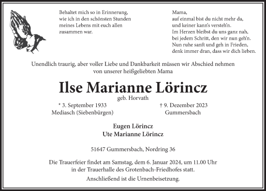 Anzeige von Ilse Marianne Lörincz von  Anzeigen Echo 