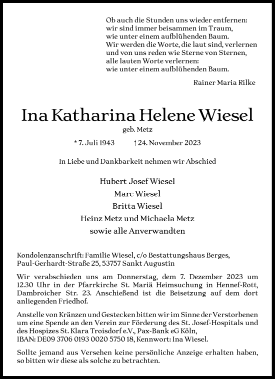 Anzeige von Ina Katharina Helene Wiesel von Kölner Stadt-Anzeiger / Kölnische Rundschau / Express