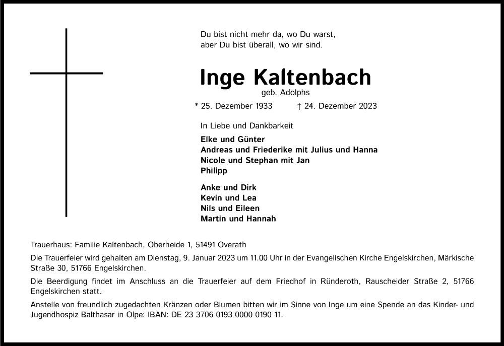  Traueranzeige für Inge Kaltenbach vom 30.12.2023 aus Kölner Stadt-Anzeiger / Kölnische Rundschau / Express