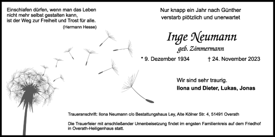 Anzeige von Inge Neumann von Kölner Stadt-Anzeiger / Kölnische Rundschau / Express