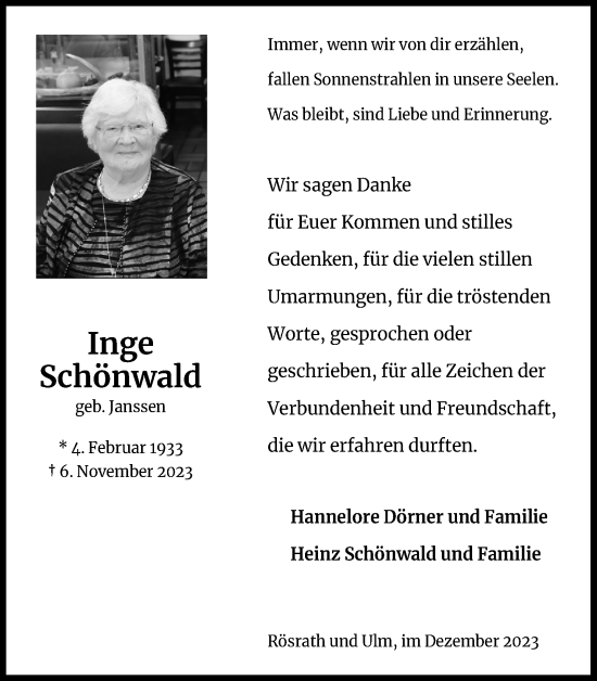 Anzeige von Inge Schönwald von Kölner Stadt-Anzeiger / Kölnische Rundschau / Express