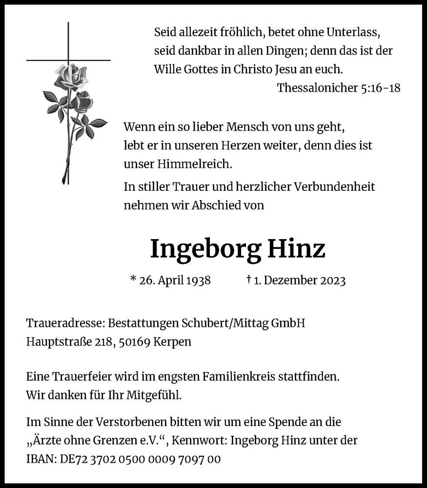  Traueranzeige für Ingeborg Hinz vom 13.12.2023 aus Kölner Stadt-Anzeiger / Kölnische Rundschau / Express