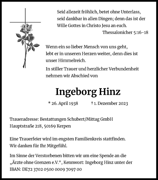 Anzeige von Ingeborg Hinz von Kölner Stadt-Anzeiger / Kölnische Rundschau / Express