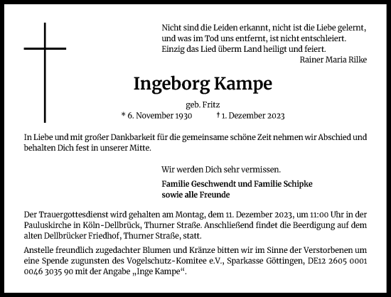 Anzeige von Ingeborg Kampe von Kölner Stadt-Anzeiger / Kölnische Rundschau / Express