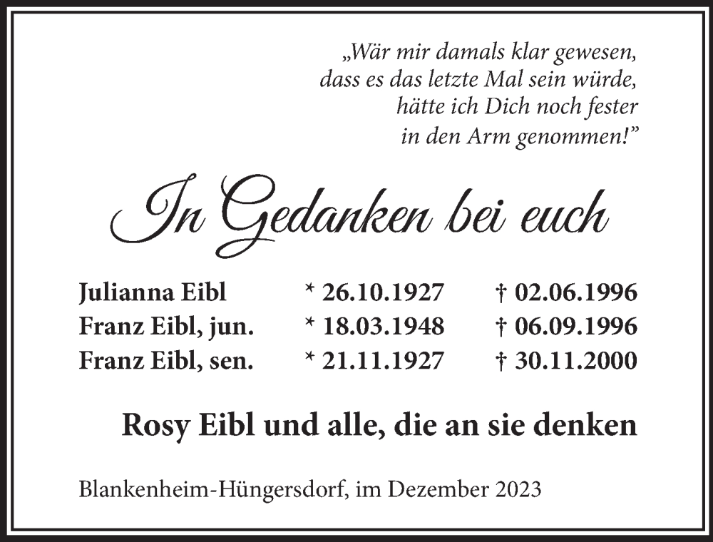  Traueranzeige für In Gedanken bei euch  vom 22.12.2023 aus  Schlossbote/Werbekurier 