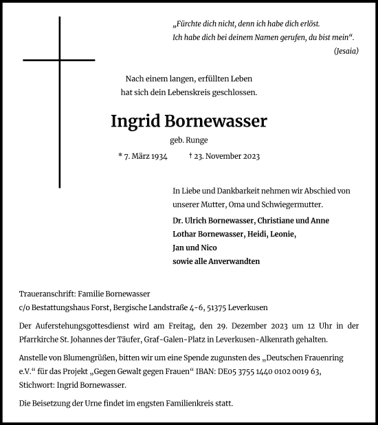 Anzeige von Ingrid Bornewasser von Kölner Stadt-Anzeiger / Kölnische Rundschau / Express