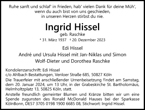 Anzeige von Ingrid Hissel von Kölner Stadt-Anzeiger / Kölnische Rundschau / Express