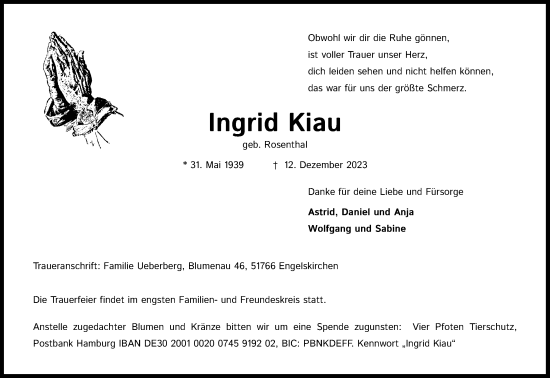 Anzeige von Ingrid Kiau von Kölner Stadt-Anzeiger / Kölnische Rundschau / Express