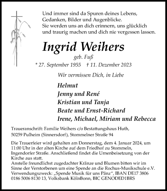 Anzeige von Ingrid Weihers von Kölner Stadt-Anzeiger / Kölnische Rundschau / Express