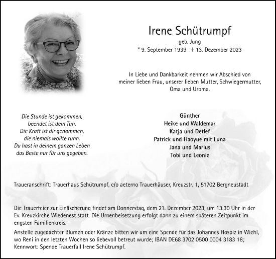 Anzeige von Irene Schütrumpf von Kölner Stadt-Anzeiger / Kölnische Rundschau / Express