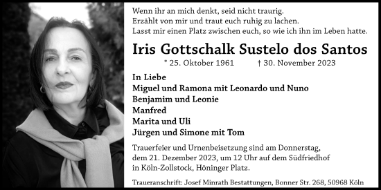 Anzeige von Iris  Gottschalk Sustelo dos Santos von Kölner Stadt-Anzeiger / Kölnische Rundschau / Express